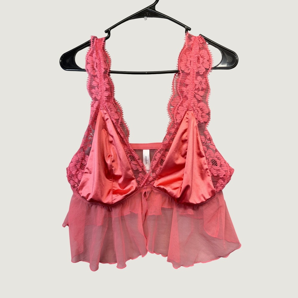 Coral Pink Babydoll Silky Lace Lingerie Top Women XXL Lace Sheer Cami Faircore